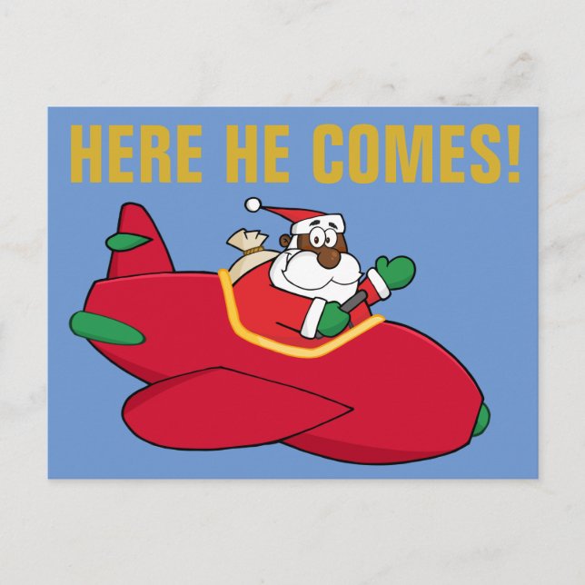 Black Santa flying in airplane Holiday Postcard (Front)