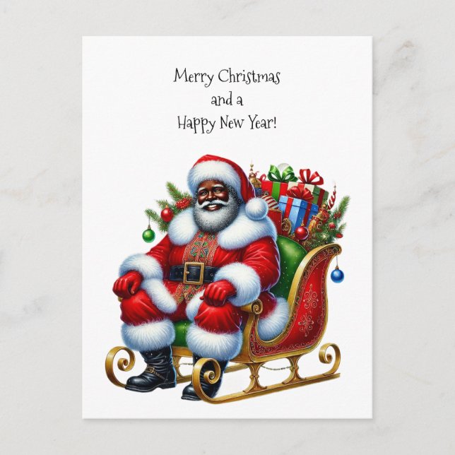 Black Santa in a Sleigh with Gifts Holiday Postcard (Front)