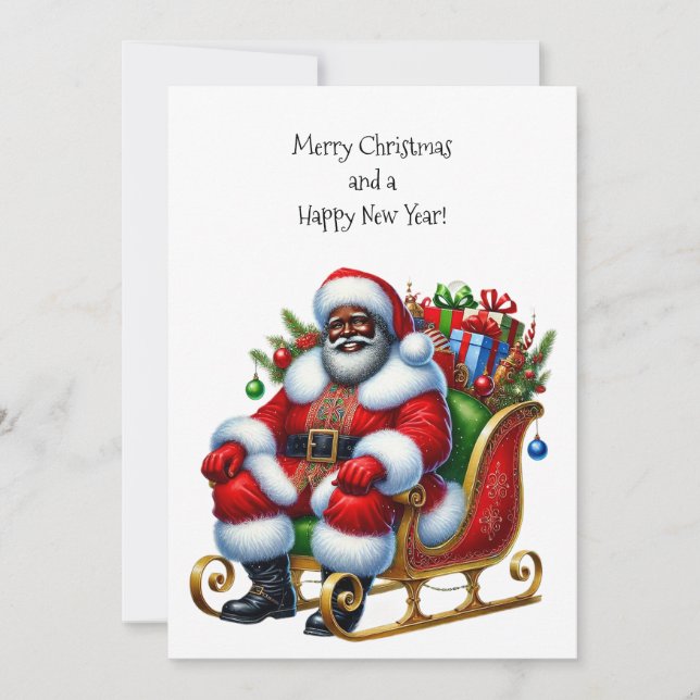 Black Santa in Sleigh, Gifts Flat Card Personalize (Front)