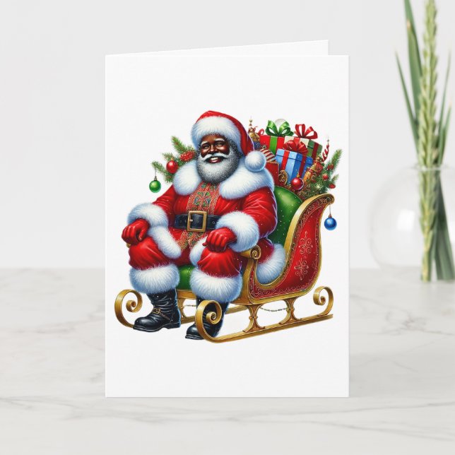 Black Santa in Sleigh Personalized Christmas Card (Front)