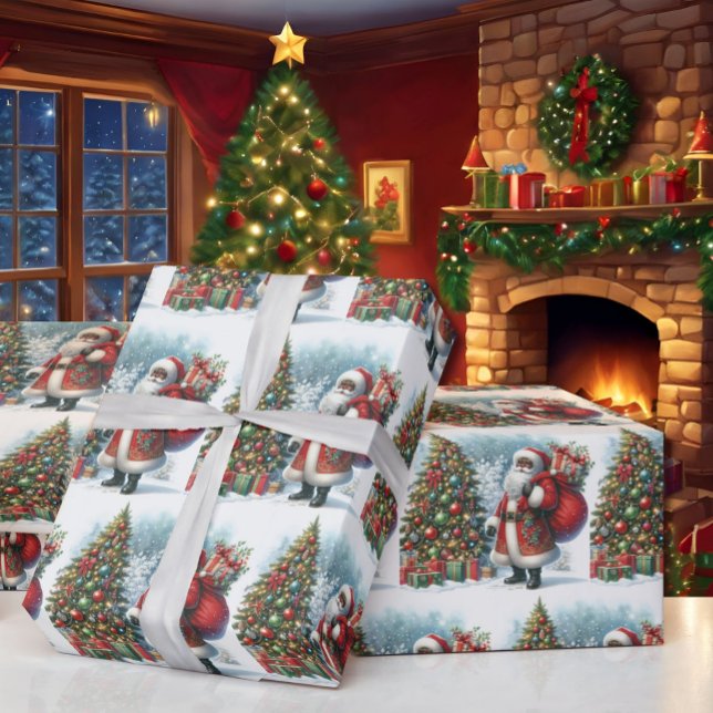 Black Santa in Snow Christmas Tree & Gifts Wrapping Paper (Creator Uploaded)
