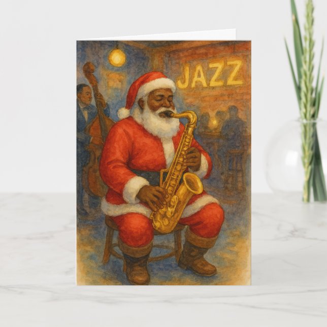 Black Santa Jazz Saxophone Christmas Card (Front)