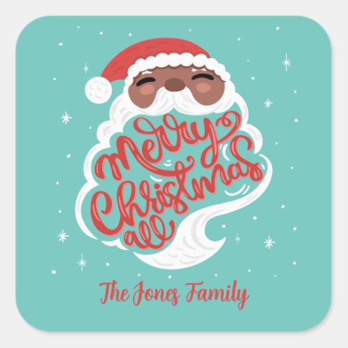 Black Santa Merry Christmas All Family Name Blue Square Sticker