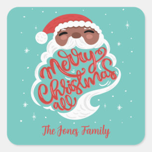 Black Santa Merry Christmas All, Family Name, Blue Square Sticker