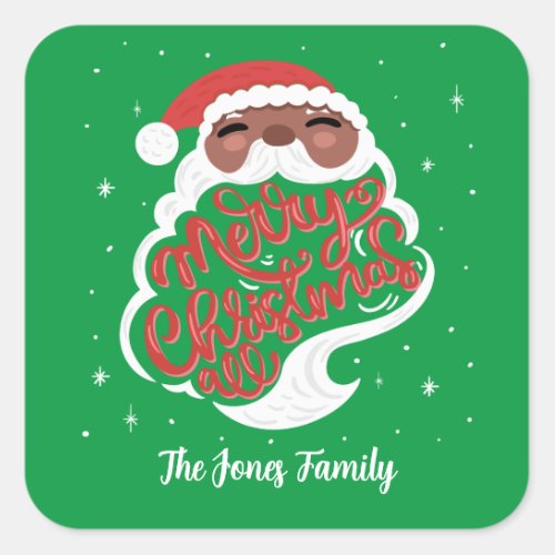 Black Santa Merry Christmas All Family Name Green Square Sticker