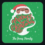Black Santa Merry Christmas All, Family Name Green Square Sticker<br><div class="desc">Black Santa with Sparkles and Merry Christmas All lettering with your family name on green background.</div>