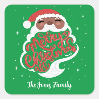 Black Santa Merry Christmas All, Family Name Green Square Sticker