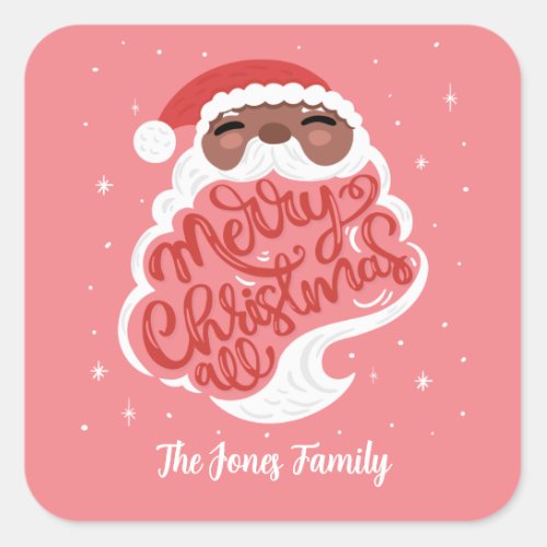 Black Santa Merry Christmas All Family Name Pink Square Sticker