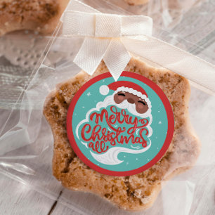 Black Santa Merry Christmas All Turquoise Blue Classic Round Sticker