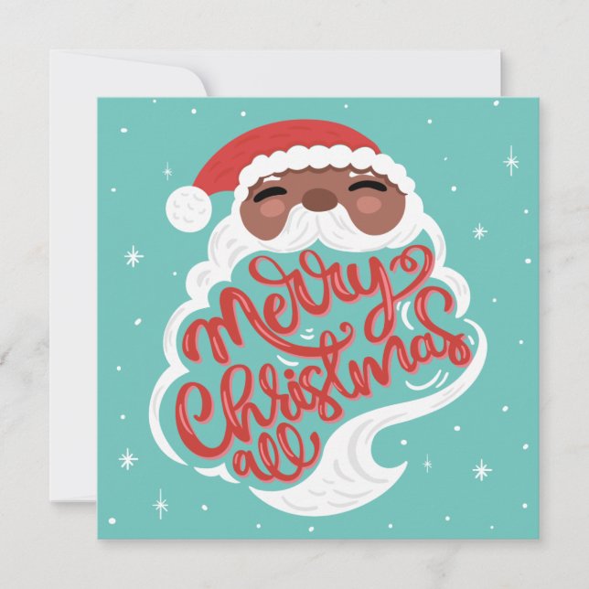 Black Santa | Merry Christmas All | Turquoise Blue Holiday Card (Front)
