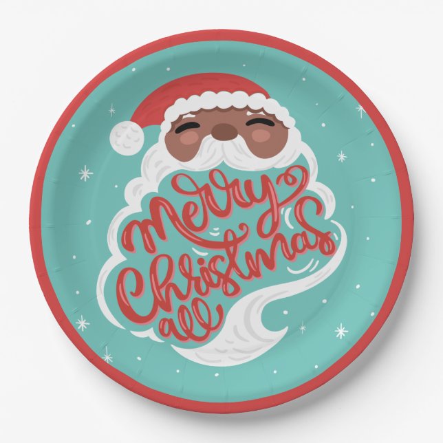 Black Santa | Merry Christmas All | Turquoise Blue Paper Plates (Front)