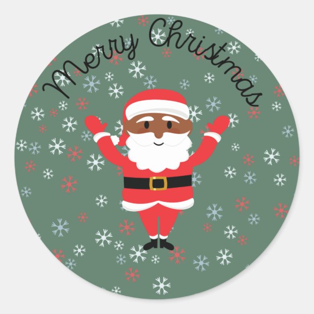 Black Santa Merry Christmas Classic Round Sticker (Front)