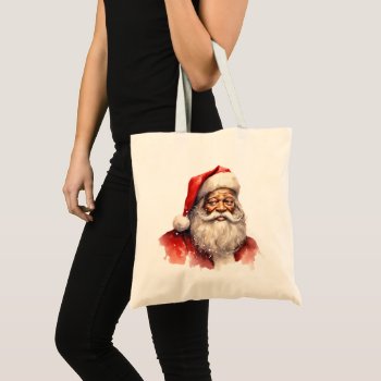 Black Santa Merry Christmas Tote Bag by ChristmasBellsRing at Zazzle
