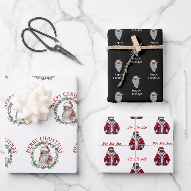  Black  Santa  Pattern African American Christmas Wrapping Paper Sheets (Front)