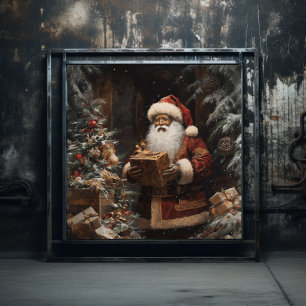 Black Santa Placing Presents under a Majestic Tree Poster