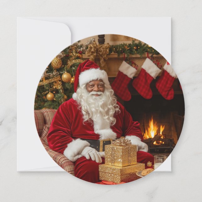 Black Santa Sitting by Fireplace Holiday Card (Front)