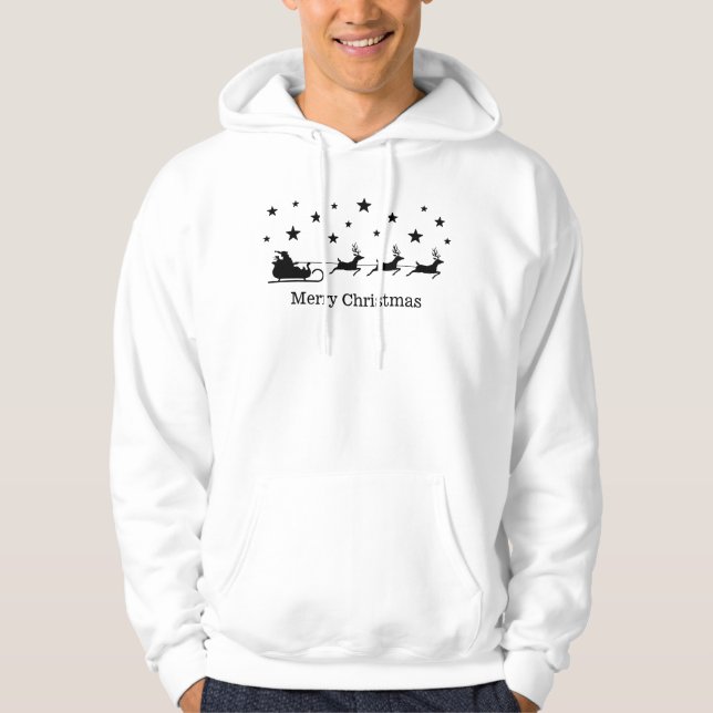 Black Santa Sleigh And Deer & Merry Christmas Text Hoodie (Front)