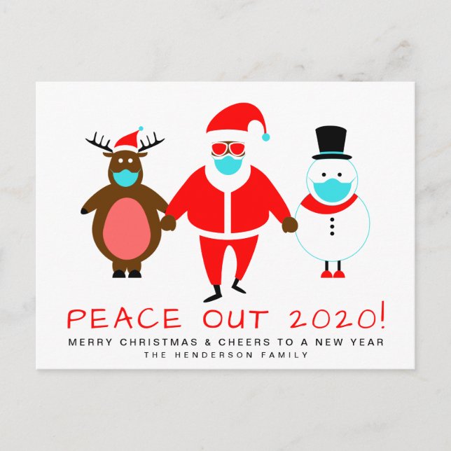Black Santa Snowman Reindeer Mask Peace Out 2020 Holiday Postcard (Front)