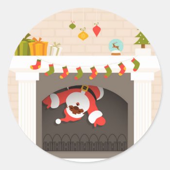 Black Santa Stuck In Fireplace Classic Round Sticker by funnychristmas at Zazzle