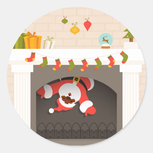 black santa stuck in fireplace classic round sticker (Front)
