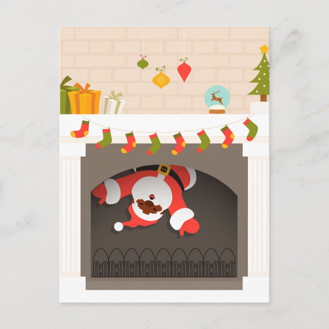 black santa stuck in fireplace holiday postcard (Front)
