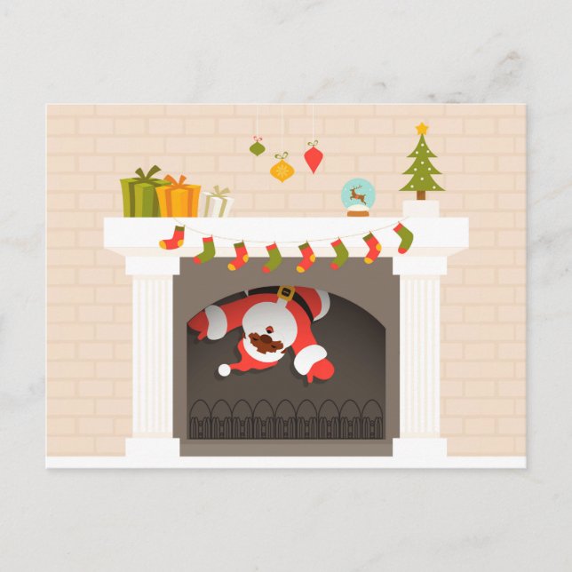 black santa stuck in fireplace holiday postcard (Front)