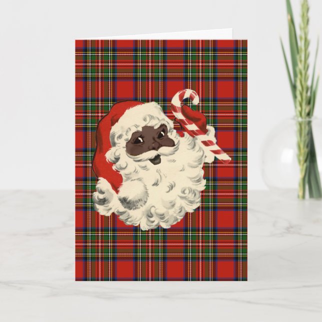 Black Santa with Candy Cane Plaid Holiday Card (Front)
