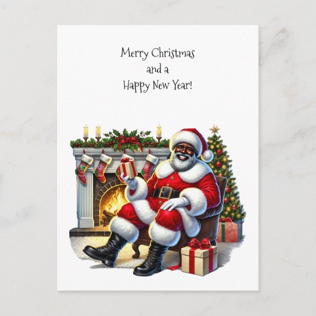Black Santa with Fireplace, Stockings, Tree Holiday Postcard (Front)