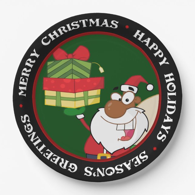 Black Santa with Gifts Paper Plates (Front)