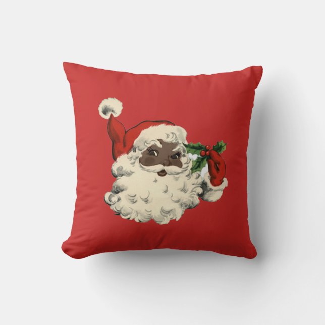 Black Santa with Holly Throw Pillow (Front)