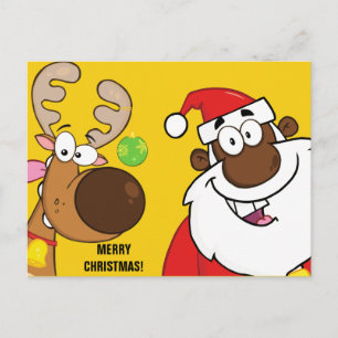 Black Santa with Reindeer Holiday Postcard