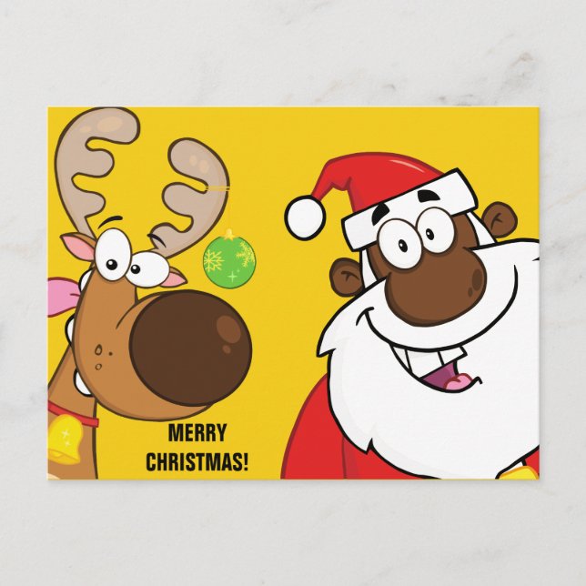 Black Santa with Reindeer Holiday Postcard (Front)