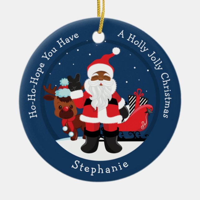 Black Santa with Rudolph Ceramic Ornament (Front)