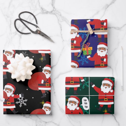 Black Santa With Snowflakes And Stars Christmas Wrapping Paper Sheets