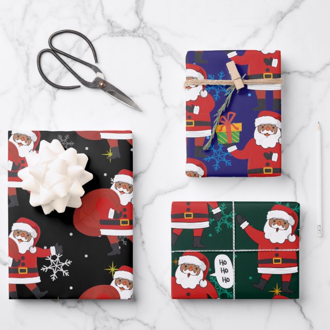 Black Santa With Snowflakes And Stars Christmas Wrapping Paper Sheets (Front)