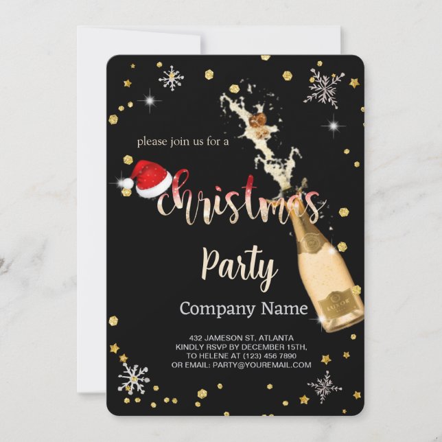 Black, Santa's Hat,Champagne Christmas Company Invitation (Front)