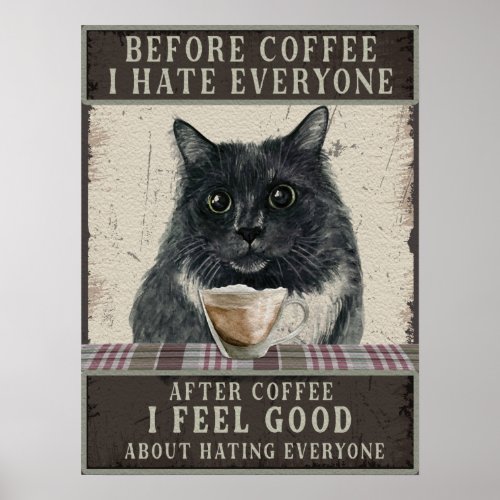 Black Sarcastic Cat and Coffee Vintage Art Poster