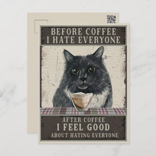Black Sarcastic Cat and Coffee Vintage Postcard