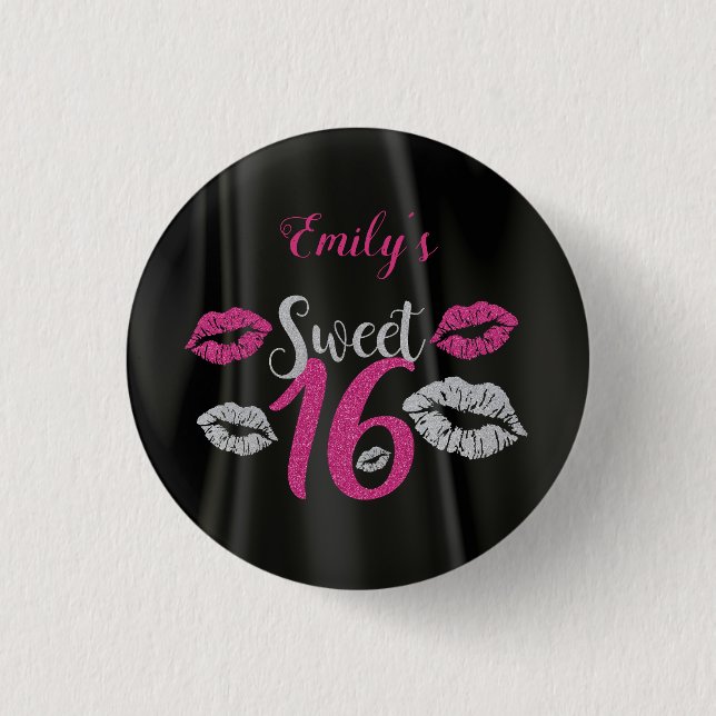 Black Satin And Pink And Gray Glitter Button (Front)