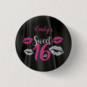 Black Satin And Pink And Gray Glitter Button