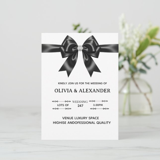 Black Satin Bow Wedding Invitation | Elegant Ribbo (Standing Front)