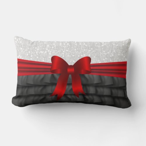 Black Satin Ruffle  Red Bow with White Glitter Lumbar Pillow