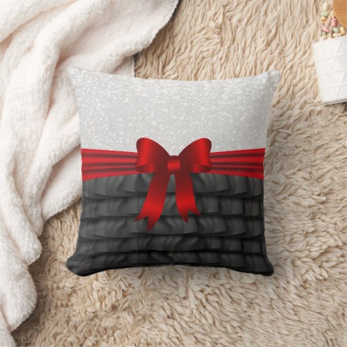 Black Satin Ruffle  Red Bow with White Glitter Throw Pillow