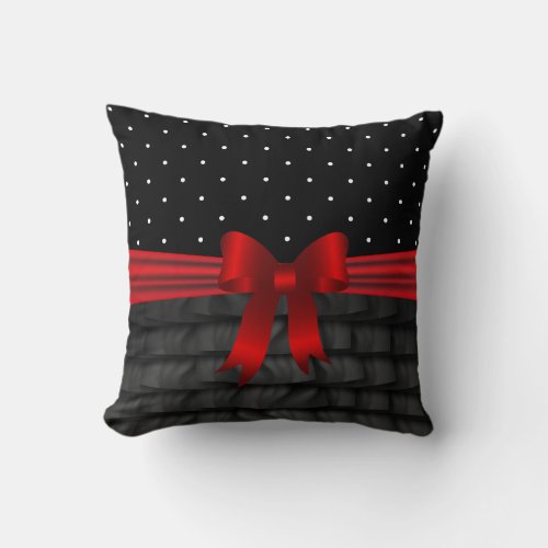 Black Satin Ruffles Polka Dots and Red Bow Throw Pillow