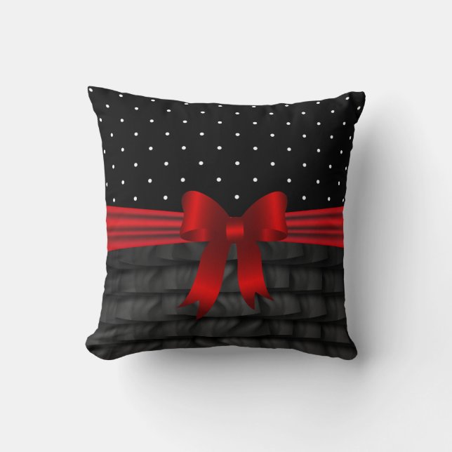 Black Satin Ruffles, Polka Dots and Red Bow Throw Pillow (Front)