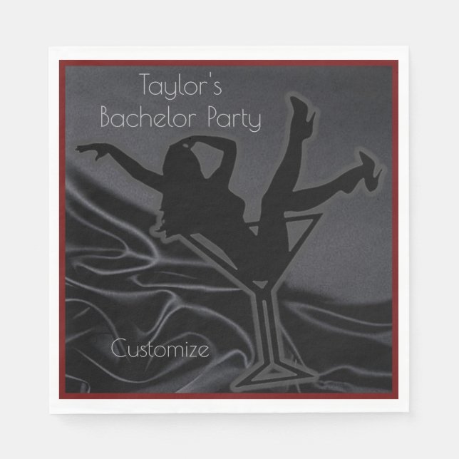Black Satin Silhouette Bachelor Party Napkins (Front)