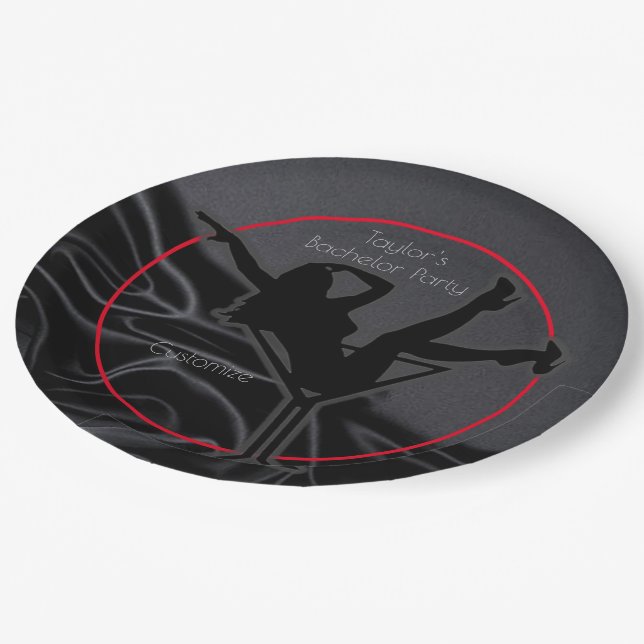 Black Satin Silhouette Bachelor Party Paper Plates (Angled)