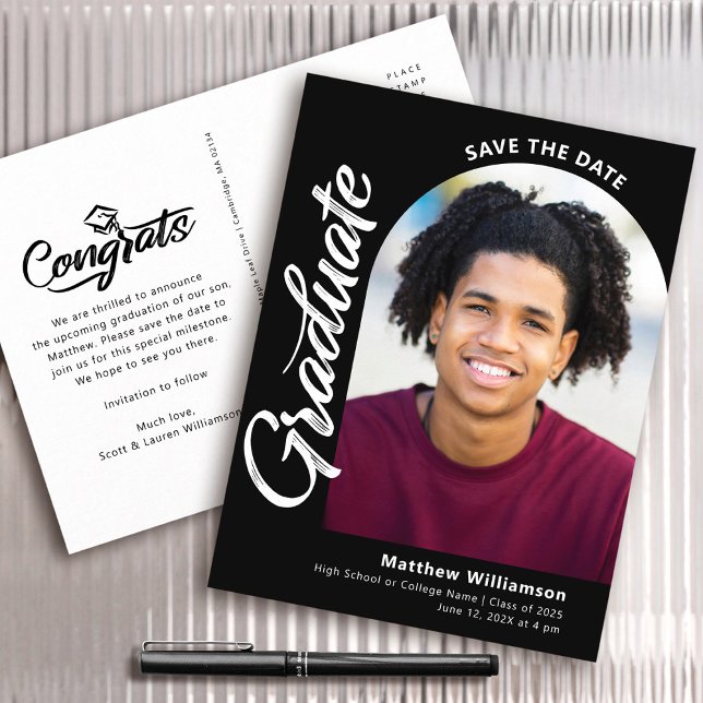 Black Save Date Graduation Photo Arch White Script Invitation Postcard (Creator Uploaded)