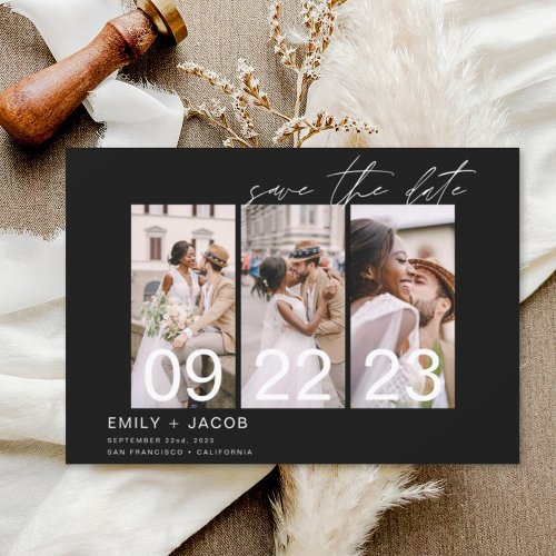 Black Save the Date 3 Photo Elegant