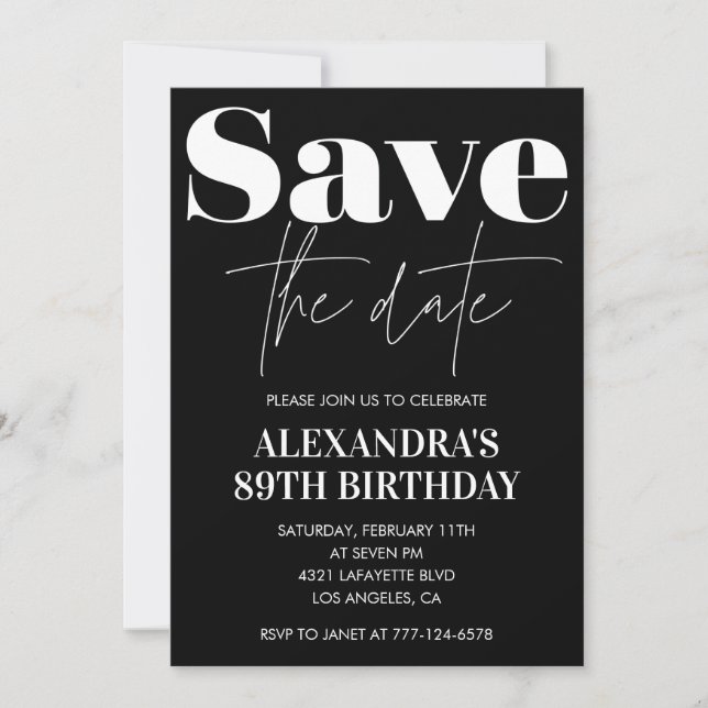 Black Save the date 89th birthday Invitation (Front)